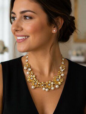 J. Crew Floral Crystal Pearl Statement Necklace + Dust Bag
